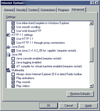 Advanced tab in Internet Options Panel of Windows